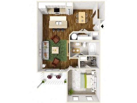 Floor plan for 1 bed, 1 bath, 800 sqft